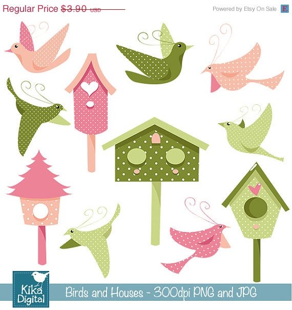 Birds , Houses Digital Clipart / Scrapbooking - card design, stickers