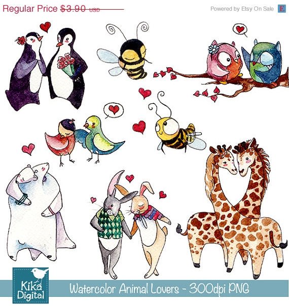 Watercolor Love Couples Clipart- H, Drawn Animal couples- card design, stickers