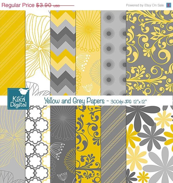 Yellow , Grey Digital Papers, Scrapbook Papers, Yellow Papers - card design
