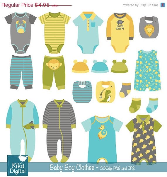 Boy Baby Clothes clip art, baby clothing, baby boy announcement, vector EPS
