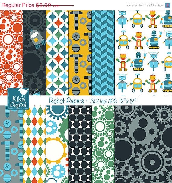 Retro Robots Digital Papers - Scrapbooking, card design, stickers, background