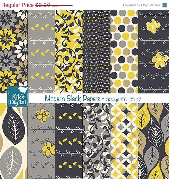 Black Yellow Digital PapersModern Black Scrapbooking PapersBlackYellow Grey Papers