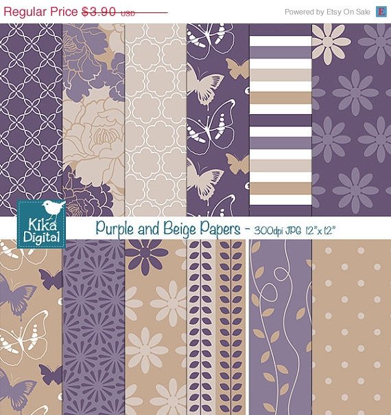 Purples , Beige Digital Papers - Wedding Papers - scrapbook, card design