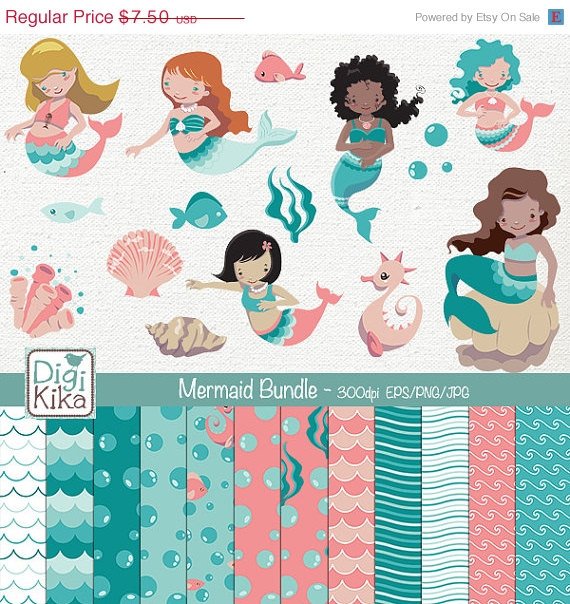 Mermaid Digital Bundle - Clipart , Paper Pack - scrapbooking , photo album