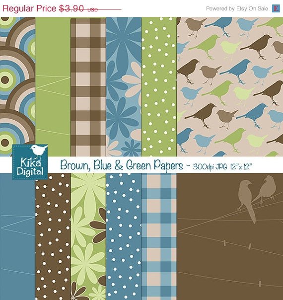 Brown Blu Grn Digital Papers - Scrapbooking, card design, invitations, stickers