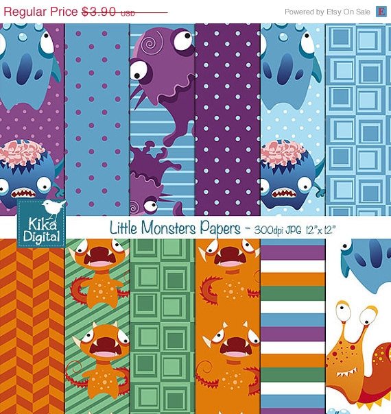 Monters Digital Papers - Cute Monters Scrapbooking Papers, card design