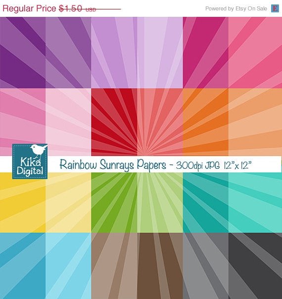 Colorful Sunrays Digital Papers - Colorful Scrapbook Papers - card design