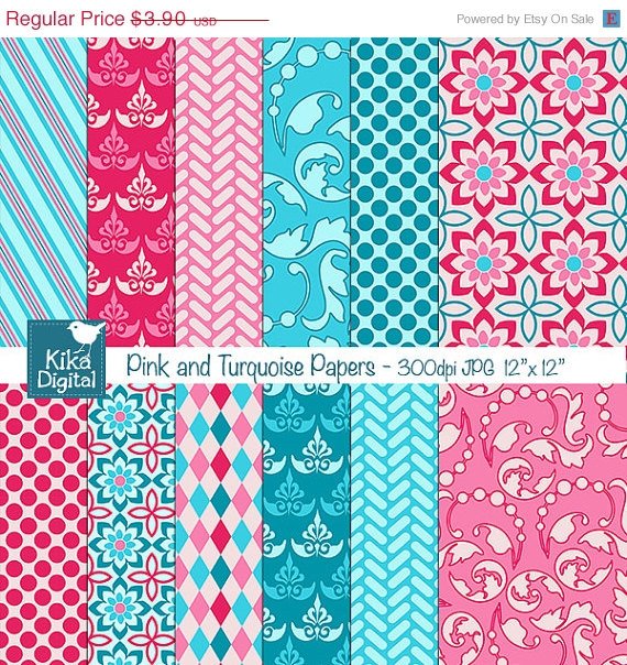 Pink , Turquoise Digital Papers - Scrapbooking, card design, background