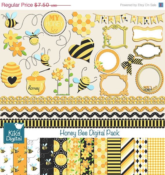 Honey Bee Digital Clipart , Paper Combo- Scrapbooking , card design, stickers