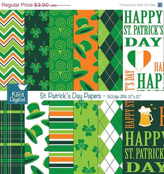 St Patricks Day Digital Papers, Irish Digital Scrapbook Papers card design