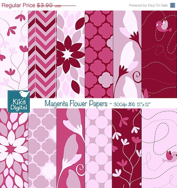 Pink Floral Digital Papers- Magenta Floral Paper Pack- Scrapbooking, card design