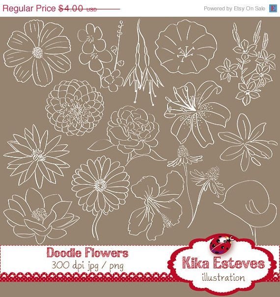 Doodle Flowers Digital Clipart - Scrapbooking , card design,b jars,h, drawn