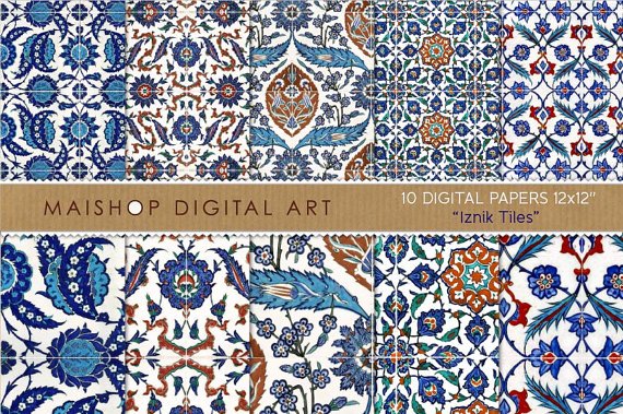 Digital Paper Pack 'Iznik Tiles - Set 01' , Print Patterns, Cards, Design