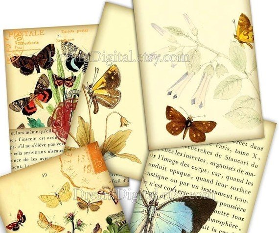Butterflies Digital Collage Sheet, Gift Tags ACEO Vintage Illustration Printable