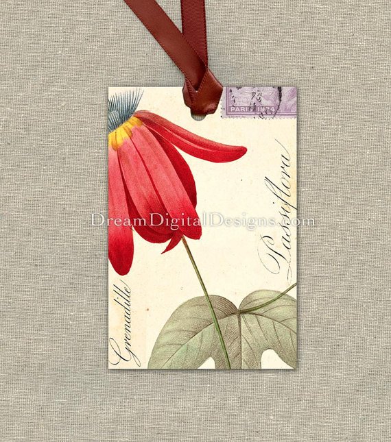 Printable Red Flower, Tags, Collage Sheet Gift Tags, Botanical Illustration
