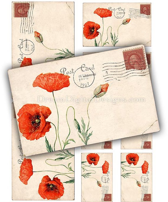 Red Poppies Printable Digital Collage Sheet, Poppy Flowers, Vintage Postcards