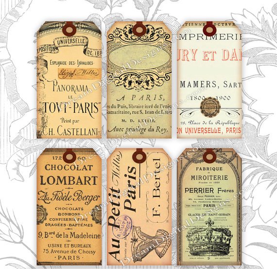 Printable French Ephemera, Paris Gift Tags, Collage Sheet, Digital Gift Tags
