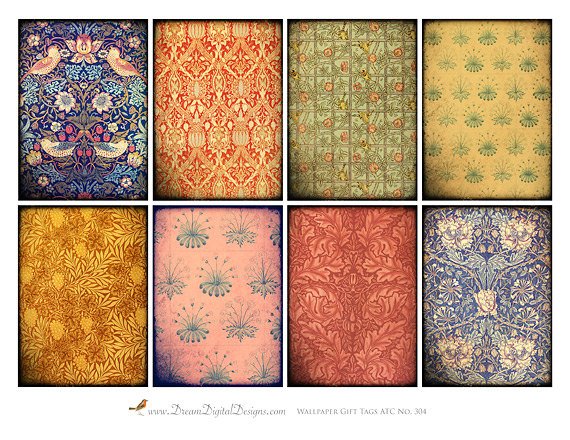 Printable Vintage Wallpaper, Digital Collage, Printable Gift Tags, ATC