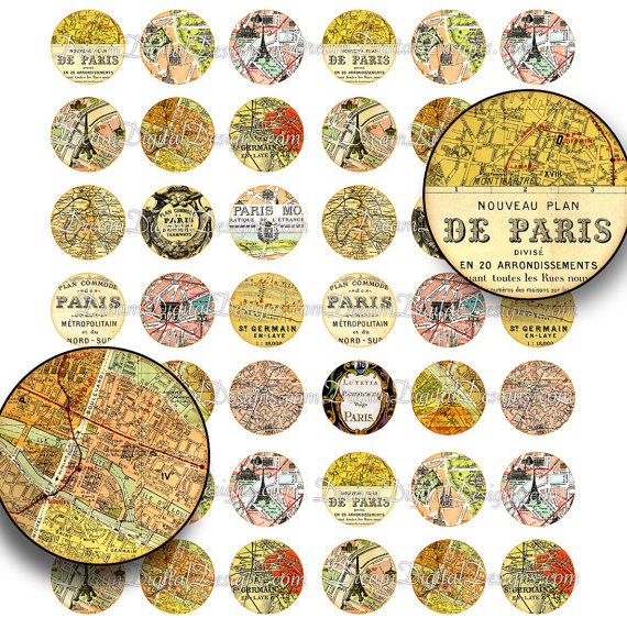 Paris Map 1 inch Circles - Printable Digital Collage Sheet, Vintage Paris Map