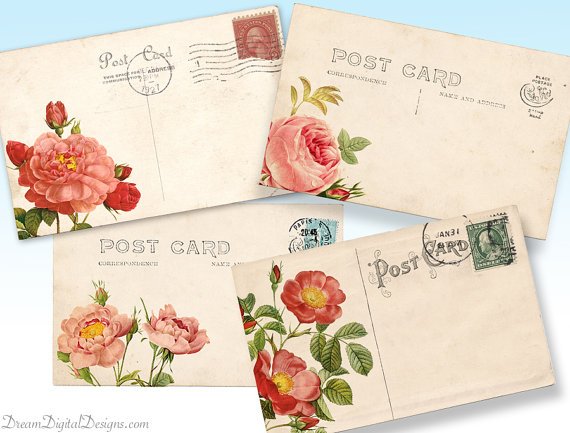 Printable Rose Vintage Postcards, Floral Digital Collage Sheet, Background