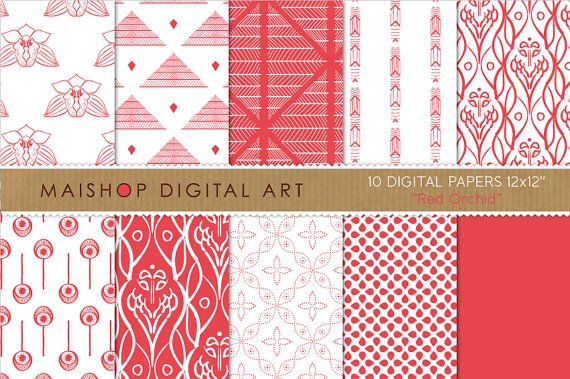 Digital Paper-Red Orchid-Wh Red Geometric Floral print Digital Sheets for CraftsCard Design
