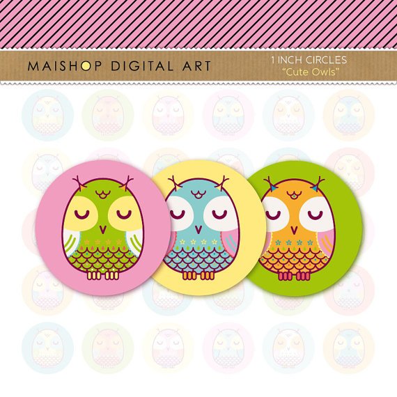 1' Digital Collage Sheet Circles Owls- Cute Owls