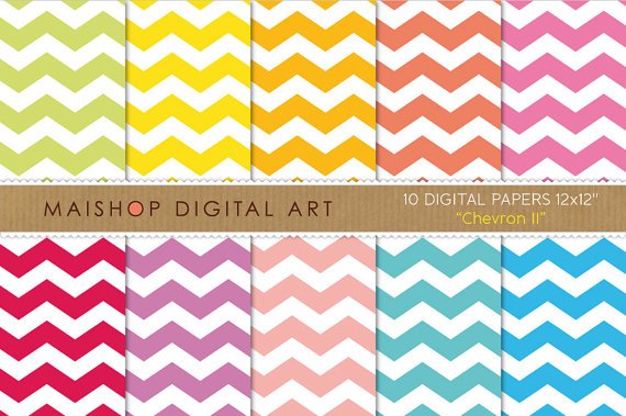 Digital Paper - Chevron II - Grn,YW,Org,Red,Pink,Purp,Blu Papers for Scrapbook