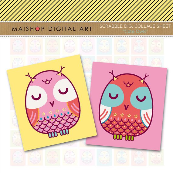 Scrabble Collage Sheet Cute Owls - print Sheets for Pendants, Keyrings, Magnets