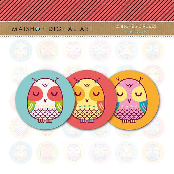 1.5' Digital Collage Sheet Circles Owls - Cute Owls
