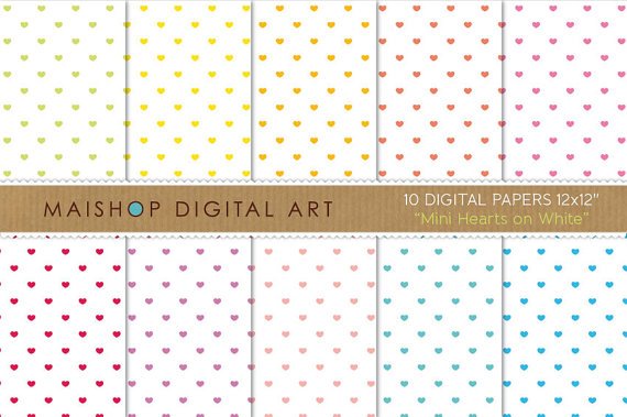 Valentine's Digital Paper-Mini Hearts on Wh-papersingCard Making Wrapping Paper