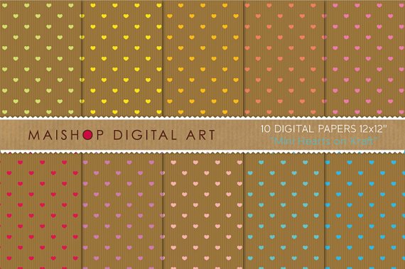 Digital Paper - Mini Hearts on Kraft - Love theme Digital Sheets - 12x12 inches