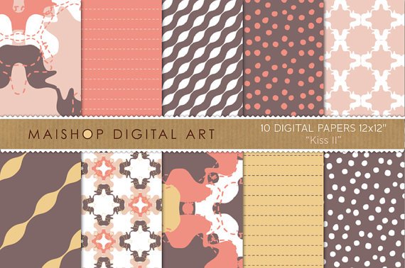 Digital Paper-Kiss II-BrwOrgMustard Retro Colors print Papers for Gift WrappingCardsScrapbook