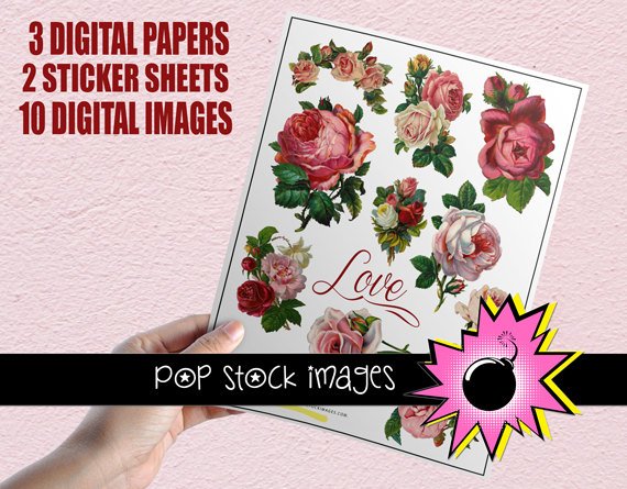 Victorian Roses Valentine Creative Kit-Digital Diecut Roses-Roses Sticker Sheet-Digital Papers-