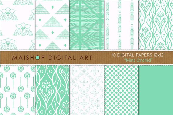 Digital Paper-Mint Orchid-Grn Mint Wh CardsPaper BagsEnvelopesScrapbook