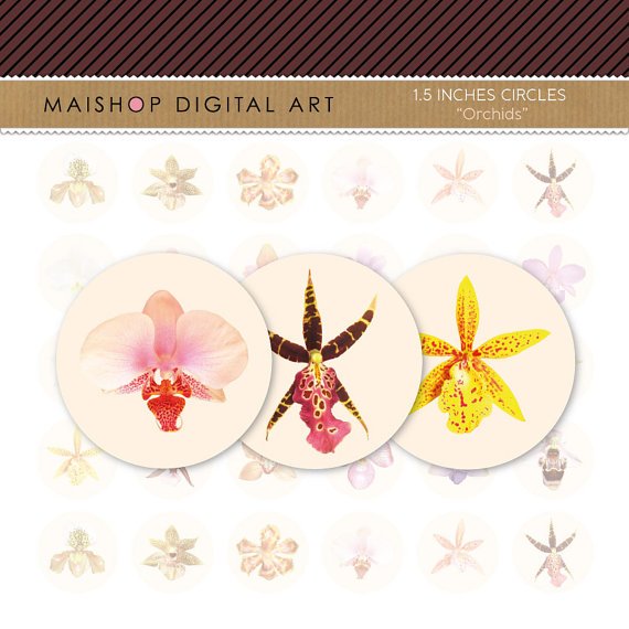 1.5' Digital Collage Sheet Circles - Orchids Flowers