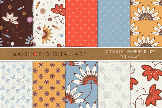 Digital Paper Floral-Chiusca-RedBlueOrg Digital Sheets for Card MakingScrapbook