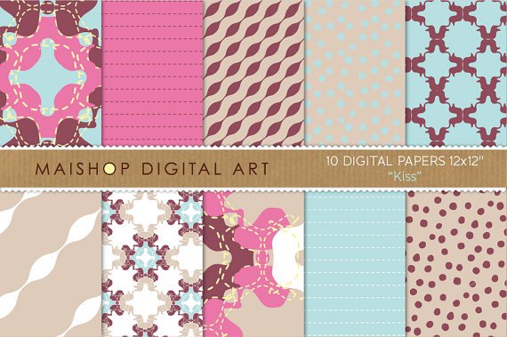 Digital Paper-Kiss-Hot Pink,Maroon,Celeste,Abstract,Dotted,Striped print Backgrounds