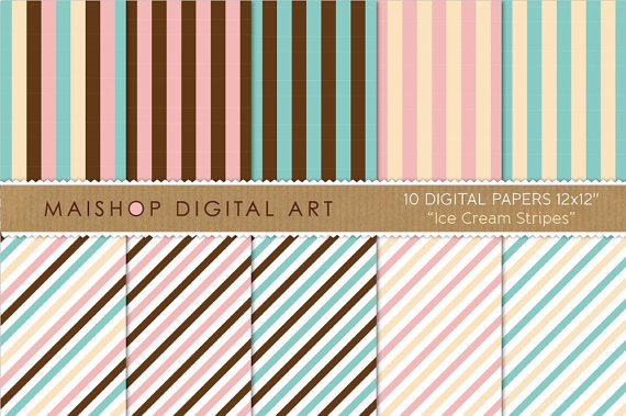 Digital Paper-Ice Cream Stripes-Vanilla,Baby Pink,Blue,Wh ,ChocolateBrw Striped Papers