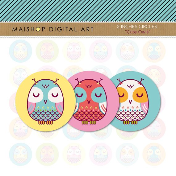 2 inch Circles Owls - Digital Collage Sheets Circles - Cute Owls