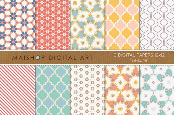 Digital Paper-Leisure-RedBlueYellow Wh FloralStripes Moroccan PatternsingGift WrappingCard Making