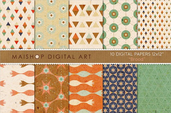 Digital Paper-Brood-CreamBlueOrg,BrwStarsTrianglesGeometric PapersCards