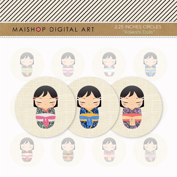2.25' Digital Collage Sheet Circles - Japanese Kokeshi Dolls