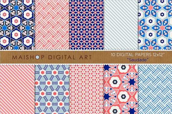 Digital Paper-Saudade-WhBlue Red Geometric print Papers for Paper CraftsCardsScrapbook