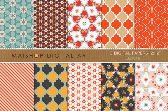 Digital Paper-Leisure II-Red,BrwOrgPinkBlueFloral Geometric Papers for Card Making