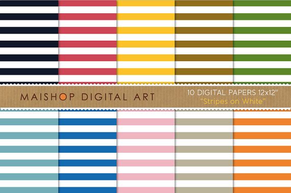 Digital Paper-Stripes on Wh-BlackRedYW,BrwGrnBluPink,OrgStripes Patterned Scrapbook Paper
