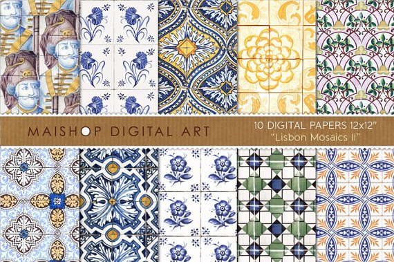 Digital Paper Tiles-Lisbon Mosaics II-Portuguese W Tiles print Sheets Digital ,Scrapbooking