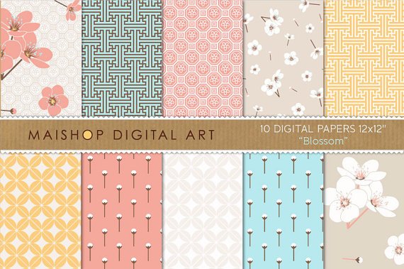 Digital Paper - Blossom - Floral, Geometric Chinese print Patternsing