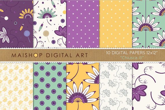 Digital Paper Floral - Chiusca III - Purp, YW, Grn - Patterned Papers