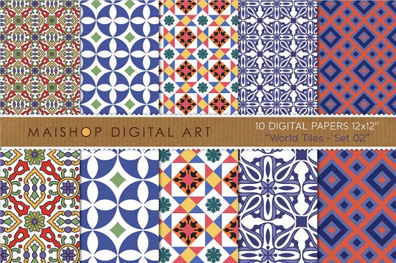 Digital Paper-World Tiles Set 02-RedYWWhGrn Blu Tilings Geometric Floral Digital Patterns