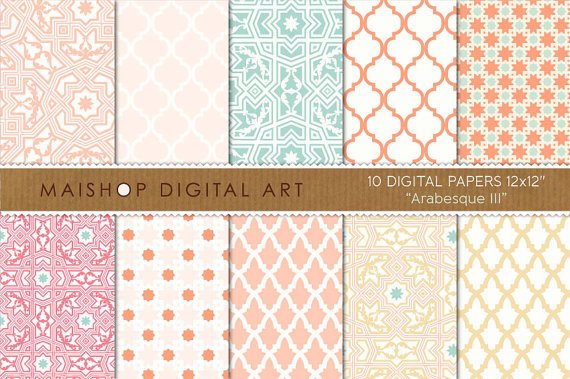Digital Paper-Arabesque III-Coral,Pink Pale,Sc,al Grn,Apricot,Sweet Moroccan print Papers
